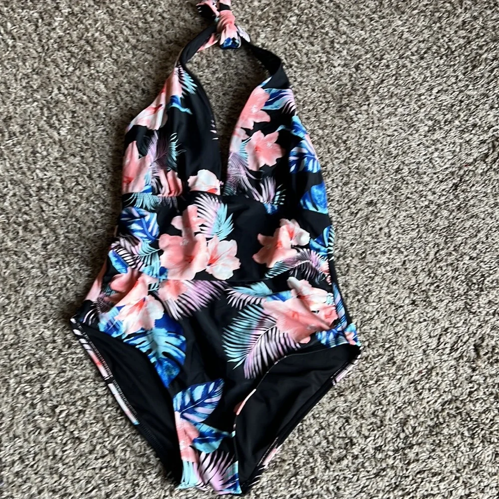 DKNY Tropical‎ Floral One Piece Swimsuit in Black/Pink Sizes XL NWOT - Picture 2 of 15
